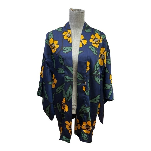 Forever 21 Cardigan Kimono Satin-like Lined Open Front Navy/Mustard Floral Sz: M - Picture 2 of 12